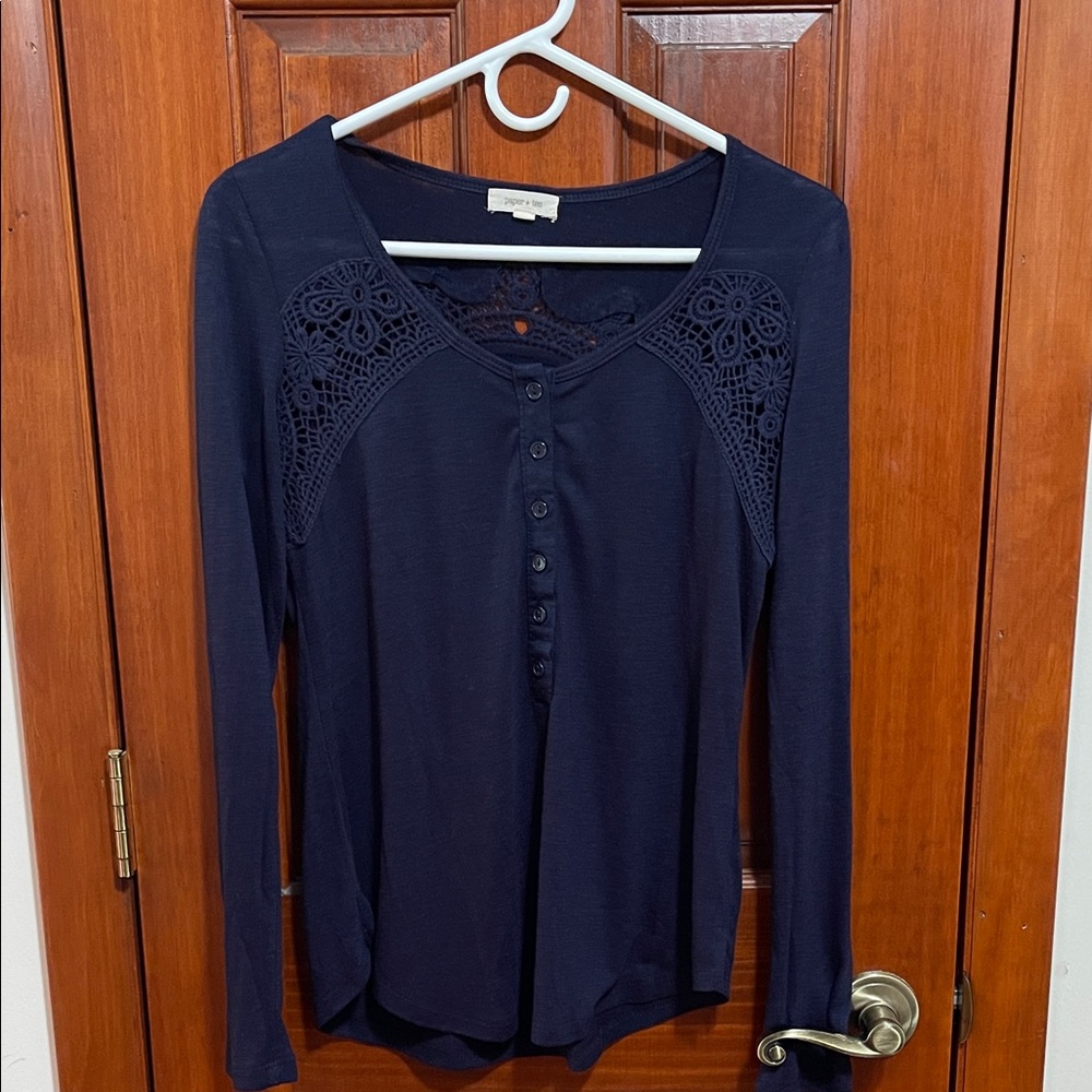 Crochet Yoke Long-Sleeve Henley Top - Navy